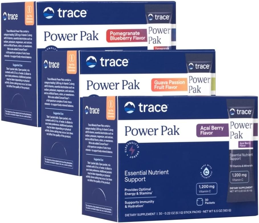 Trace מינרלים Power Pak Multivitamin ו- Multimineral Packets - תמיכה אלקטרוליטית - 1200 מ"ג ויטמין C Plus 70 Acai ברי, Blueberry Pomegranate ו Guava Variety - 90 Packets