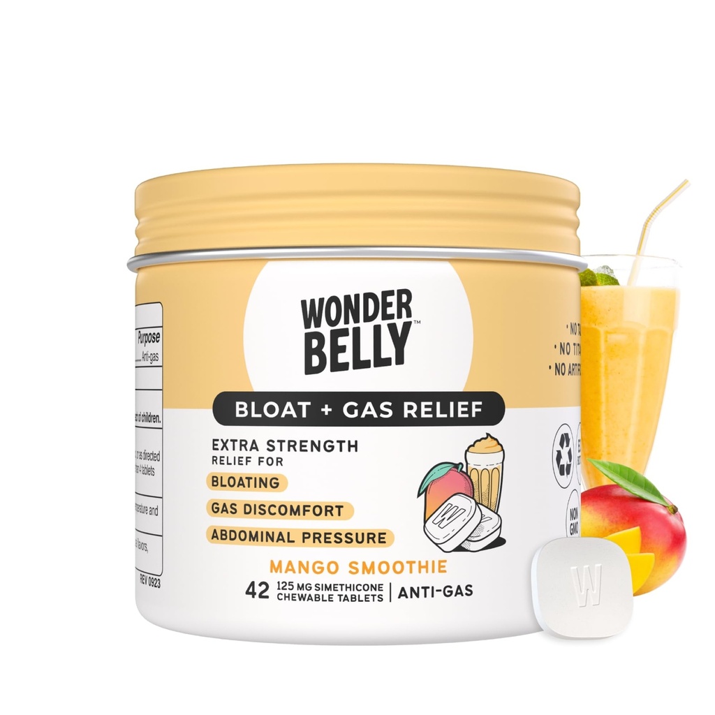 Wonderbelly Bloat + Gas הקלה, טבליות תוספת כוח צ'וגבל, עם 125 מ"ג Simethicone, No Talc או Dye, מנגו Smoothie, 42 Count