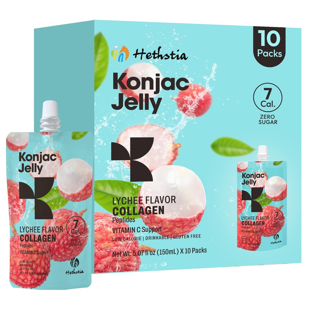 Hethstia Konjac Jelly, Lychee Konjac Jelly 10 Pouches עם Collagen Peptides, Low Calorie שתיה Litchi Jello, ויטמין C Light חטיפים, סוכר חינם, Keto, Gluten-Free, מזון בריא מתנה