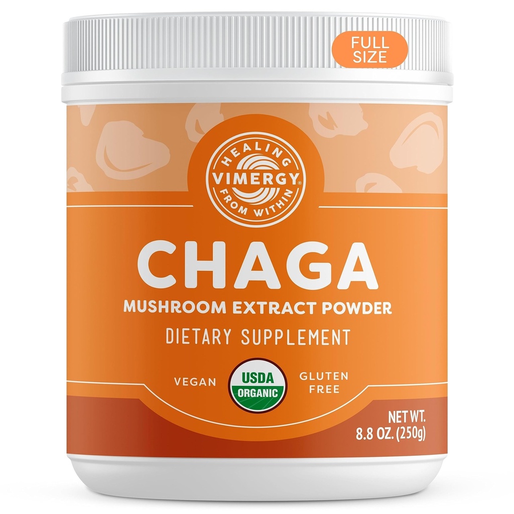 Vimergy USDA אורגני Chaga Mushroom אבקת לחלץ, 166 משרתים - אידיאלי צ'אגה תה, קפה, Smoothies - Cardiovascular Support - כשר, טבעוני, No Gluten, Paleo - צ'אגה טהורה, No Fillers (250g)