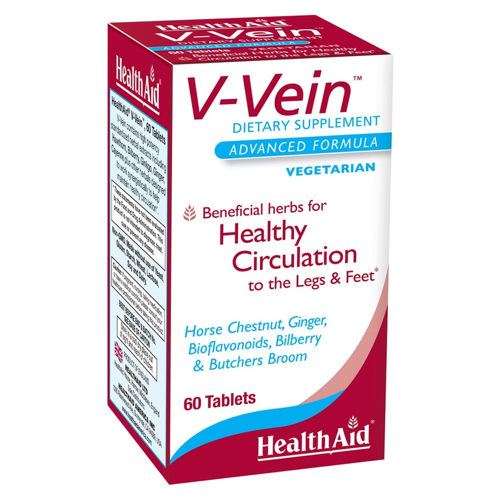 HealthAid V-Vein, Beneficial Foodsents for Healthy Circulation for Legs and Feet, 60ct, Once Daily, Contains גינקו, Grape Seed, ויטמין C ו- Bilberry, טבעוני