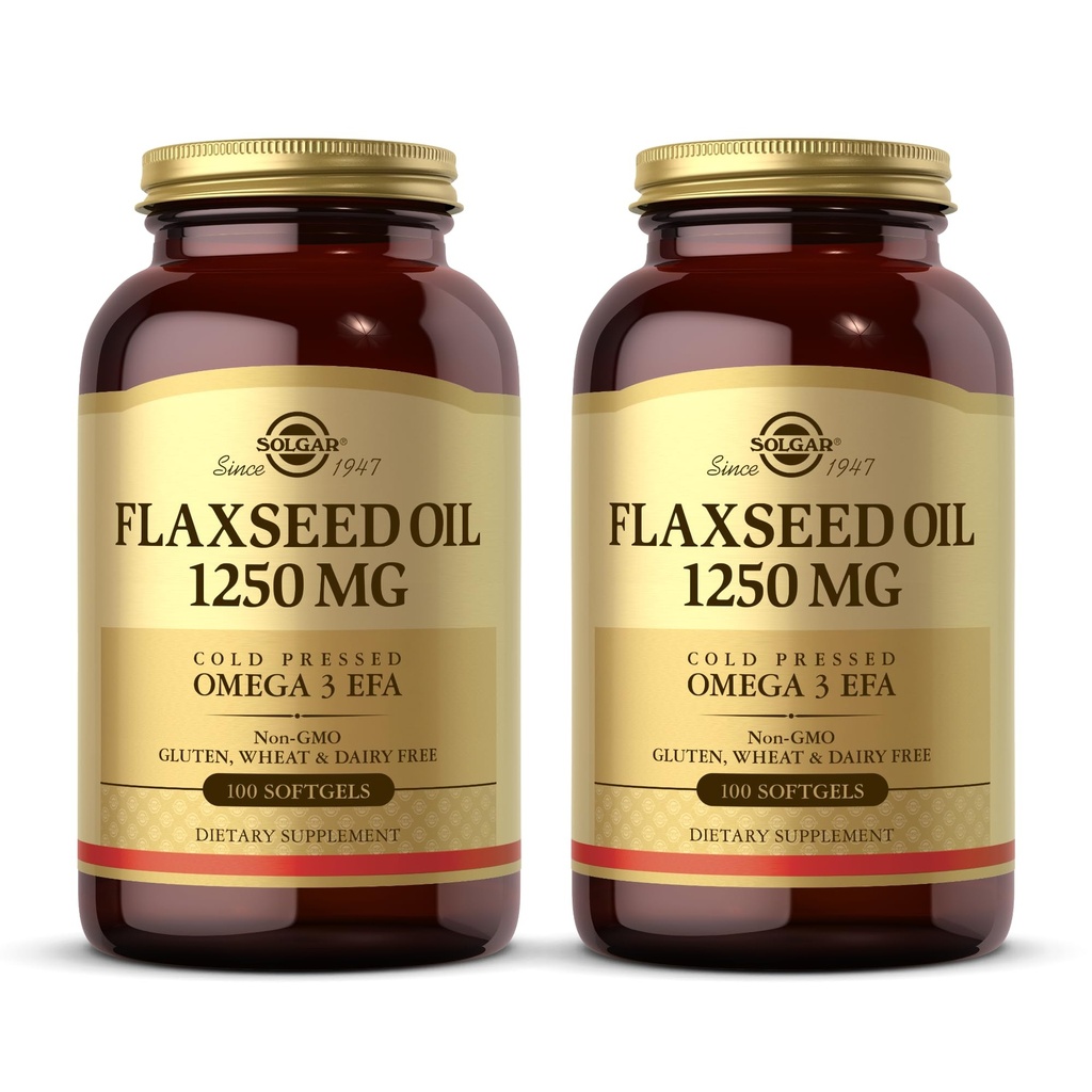 Solgar Flaxseed Oil 1250 מ"ג - 100 Softgels, Pack של 2 - ריכוז מקור צמחי של אומגה 3 אלפא-לינולic Acid (ALA) - Non-GMO, Gluten Free - 100 שרתי Total