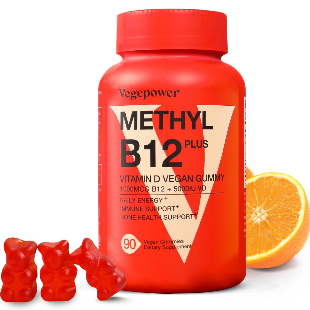 ויטמין B12 D3 Vegan Gummies - 90 Count I 1000 MCG Methyl B12 ו-5000 IU ויטמין D Gummy Chewable תוספי מזון למבוגרים וילדים - Immune Health & Daily Boost - Non-GMO, Orange