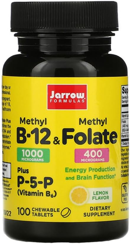 Jarrow Formulas Methyl B-12 & Methyl Folate - 100 טבליות Chewable, לימון - Pack של 2 - ויטמין B12 & B9 - תומך בייצור אנרגיה, תפקוד המוח ומטבוליזם - 200 המשרתים הכולל