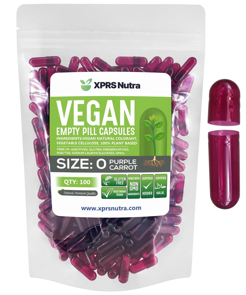 XPRS Nutra Size 0 קפסולות ריקות - 100 קפסולות טבעוניות ריקות - גלולות צמחוניות - קפסולת ירקות DIY מילוי - Veggie Pill Caps for Do-It-Yourselfs (Purple Carrot)