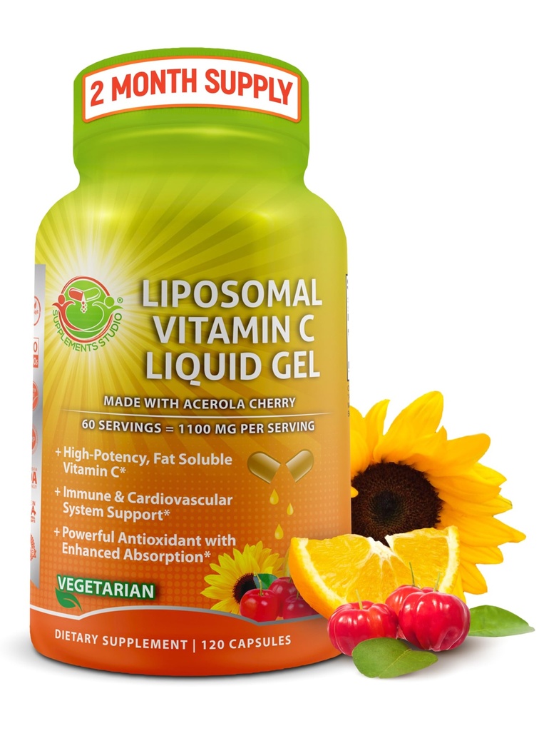 Liposomal ויטמין C נוזלי קפסולות - 1100 מ"ג - מיוצר עם אורגני Acerola צ'יפס, ויטמין C Liposomal Immune תמיכה עם תוספת Absorption וזמינות ביולוגית - 120 ספירה