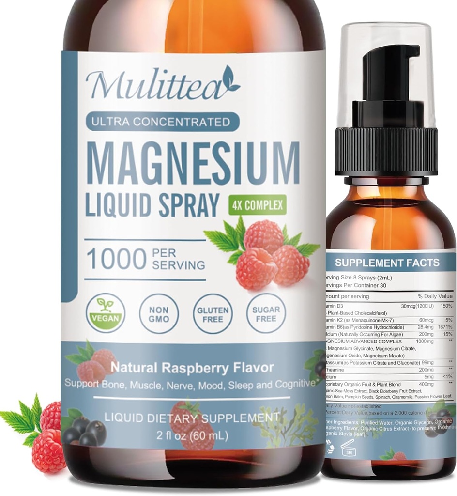 Magnesium Glycinate נוזל עם Citrate, Turate, Malate-Magnesium Complex Drops Spray w/Potassium L-theanine- High Absorption -Vegan, Sugar Free, 2 Fl.oz