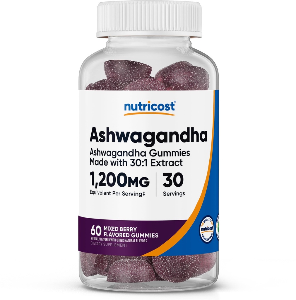 חומרים מזינים Ashwagandha Gummies 1200mg Equivalent Per משרת (Mixed Berry Flavor), 60 חניכיים, 30 משרתות