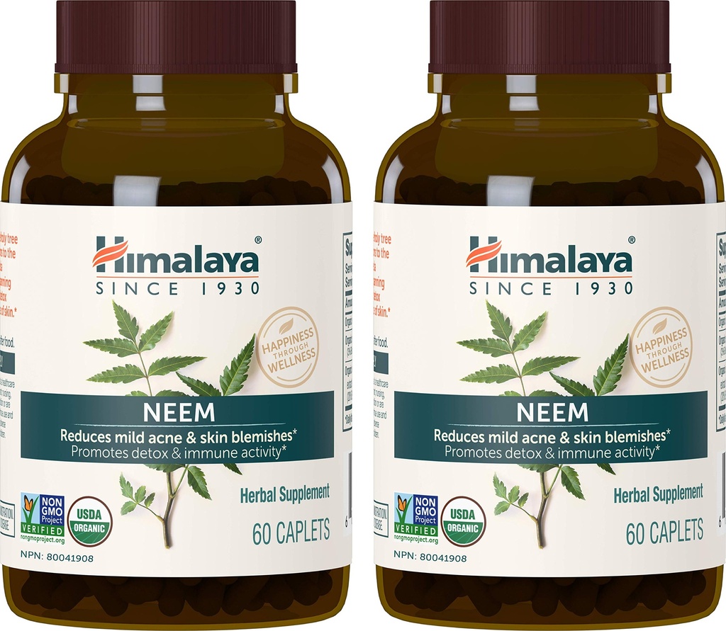 ההימלאיה האורגנית Neem Herbal תוספת, עבור Mild Acne & Clear Skin, Purifying, Ayurvedic, USDA מוסמך אורגני, non-GMO, טבעוני, 600 מ"ג, 60 מ"ג, 60 על צמחים, 2 Pack