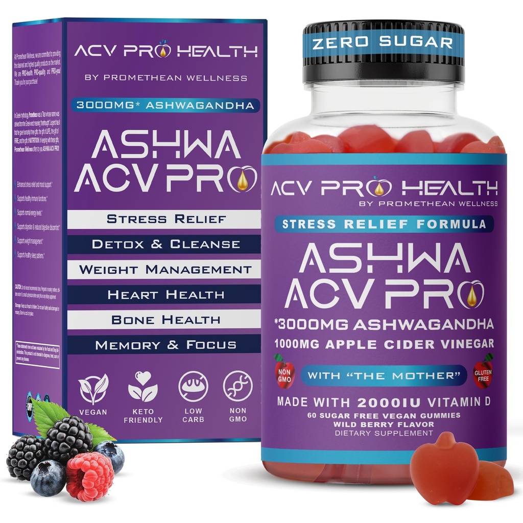 Ashwa ACV Pro Health - Sugar Free Apple Cider Vinegar Gummies with Ashwagandha, Advanced Keto, Stress Relief Supplements with Vitamin D, 1g Carbs Per Gummy (60 Count)