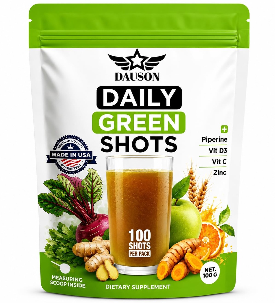 Daily Green Shots - Superfood אבקת עם חיטה, Matcha, Beetroot, Ashwagandha, Turmeric & Prebiotics - Immunity & Energy Support - טבעונים ירוקים - 100 יריות