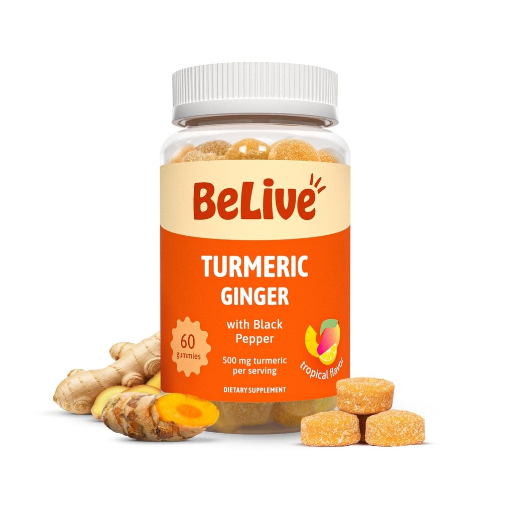 BeLive Turmeric Curcumin עם Black Pepper & הג'ינג'ר - 500 מ"ג של תוסף Turmeric וג'ינג'ר לתמיכה ב-Immune, עור בריא וניידות - פלאפור טרופי | 60 Count
