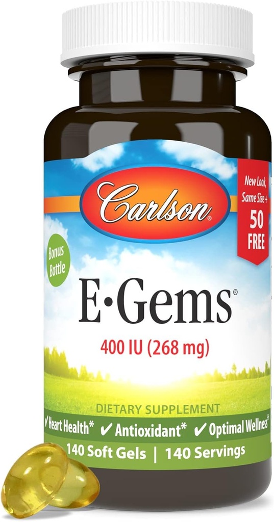 קרלסון - E-Gems 400 IU (268 מ"ג), הורמון טבעי ויטמין E, Optimal Wellness, 140 Soft Gels