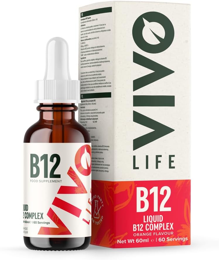 Vivo Life - ויטמין B12 Complex, High Potency Health Supplements, Orange Flavor נוזל טיפות, 60 מ"ל, 60 משרתים