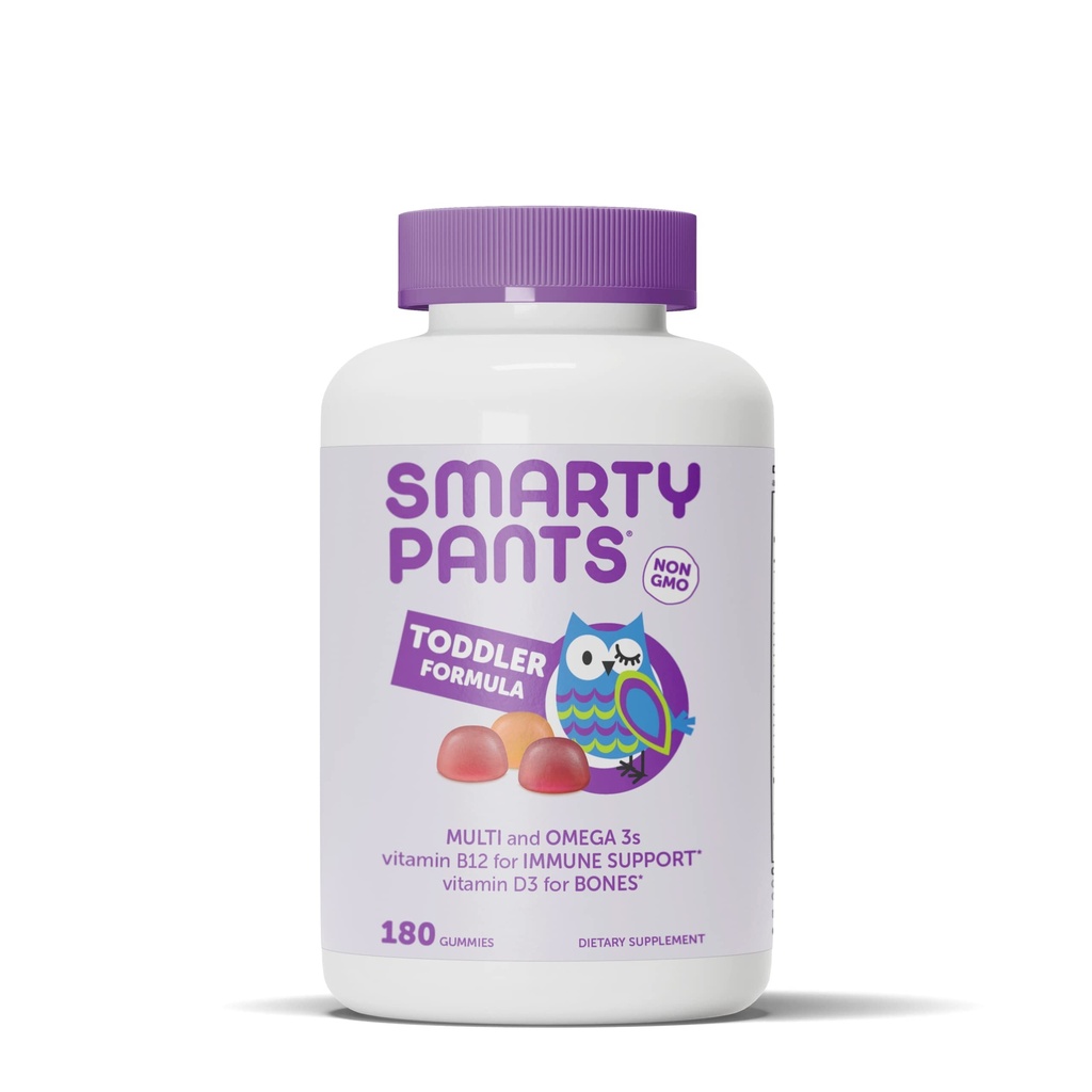SmartyPants Toddler Multivitamin Gummies: אומגה 3 שמן דגים (EPA / DHA), ויטמין D3, C, ויטמין B12, B6, A, K & Zinc, Biotin, Beta Carotene, Gluten Free, Three Fruitors, 180 ספירה (60 יום אספקה)