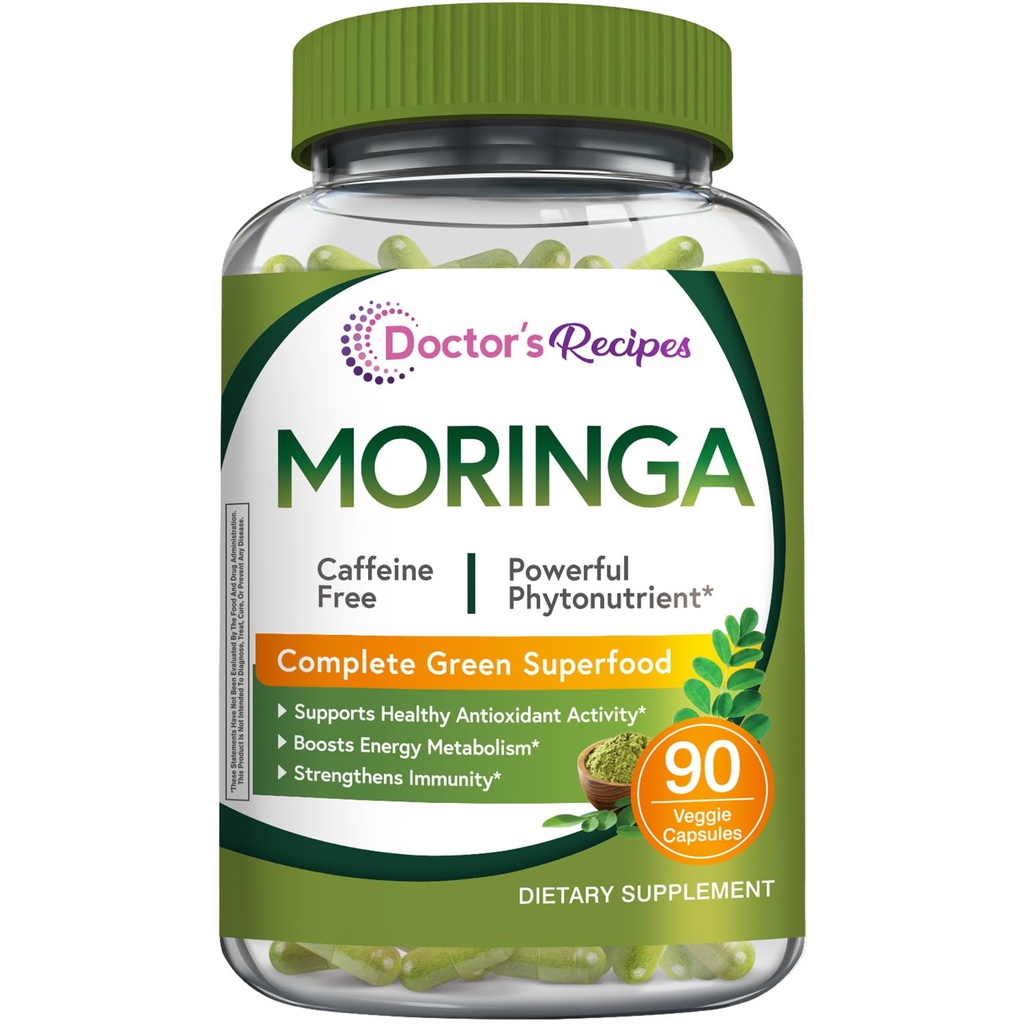 Doctor's Recipes Moringa, Complete Green Superfood, Natural Antioxidant Support, Non-GMO, 90 Vegan Caps, No Caffeine Soy Gluten