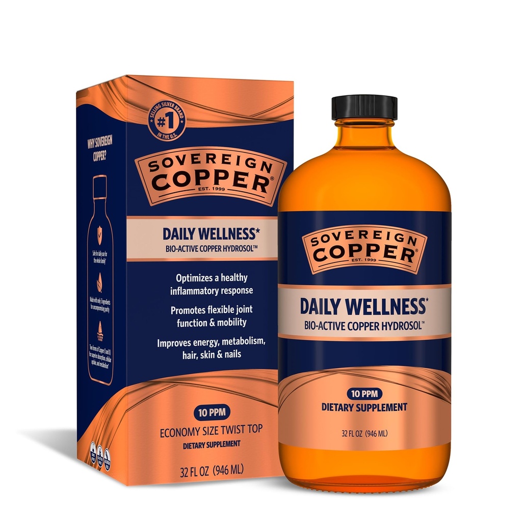 ריבונית Bio-Active Copper Hydrosol - תוסף נוזלי Bioavailable Copper למבוגרים וילדים עם Silver Hydrosol לשיער, עור וציפורים - 32 fl oz (946mL)