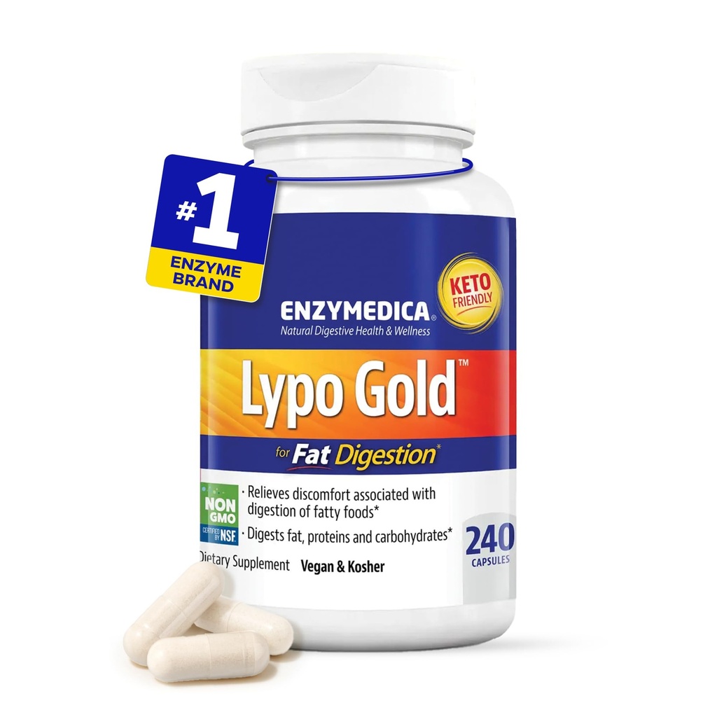 Enzymedica Lypo Gold, High Potency Lipase Digestive Enmes for Fat Digest, תומך Occasional Bloating Health & Digestive Health, Keto-Friendly, טבעוני, 240 קפסולות