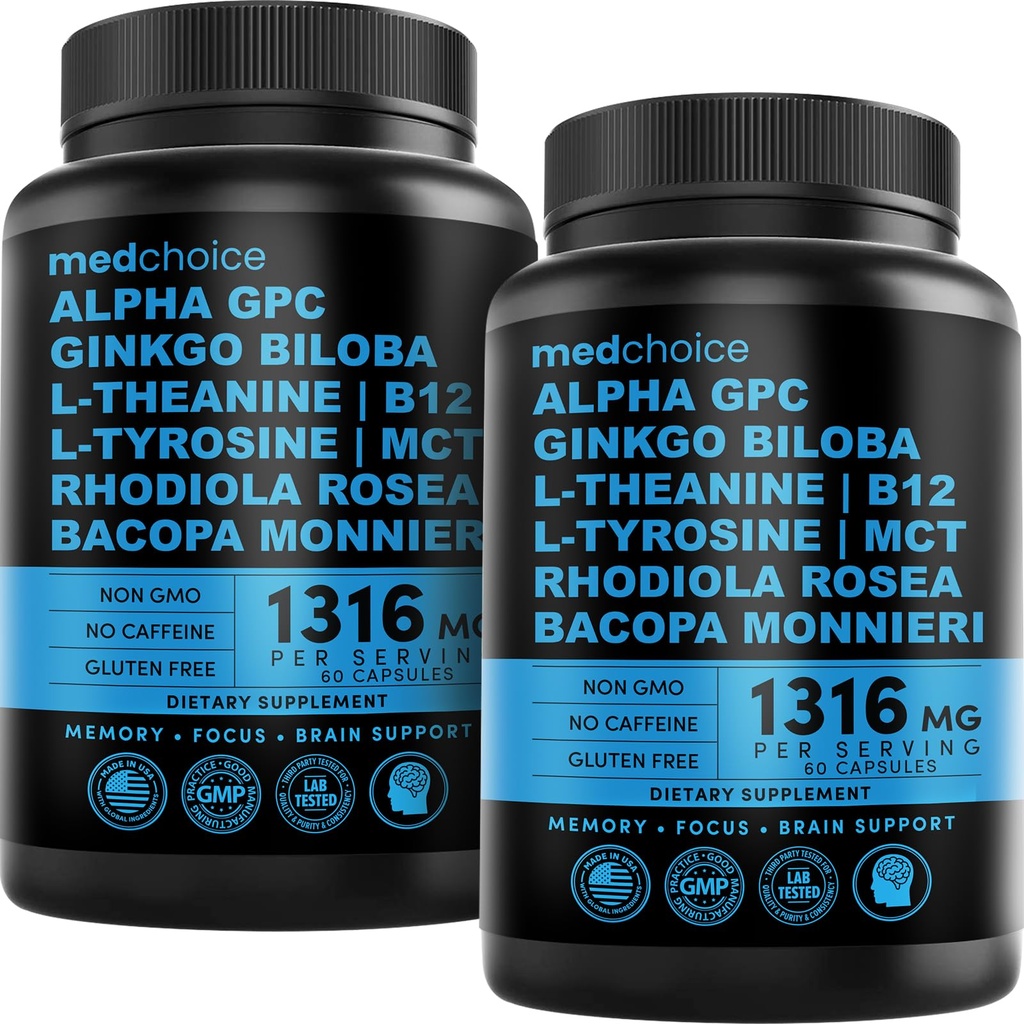 12-in-1 Nootropic Brain תוסף Anhydrous: גינקו בילובה לתמיכה במוח, זיכרון והתמקדות - B12, Alpha GPC, L Theanine ו- Choline תוספים עם bioperine Non Caffeinated 1321 מ"ג (120ct)