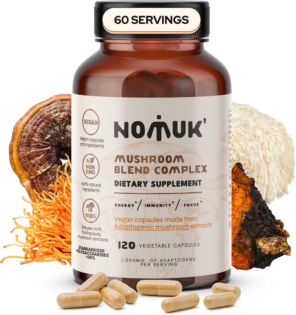 התאמת Mushroom Extraction Lions Mane, Reishi, Cordyceps, Chaga תוסף, 120 קפסולות.