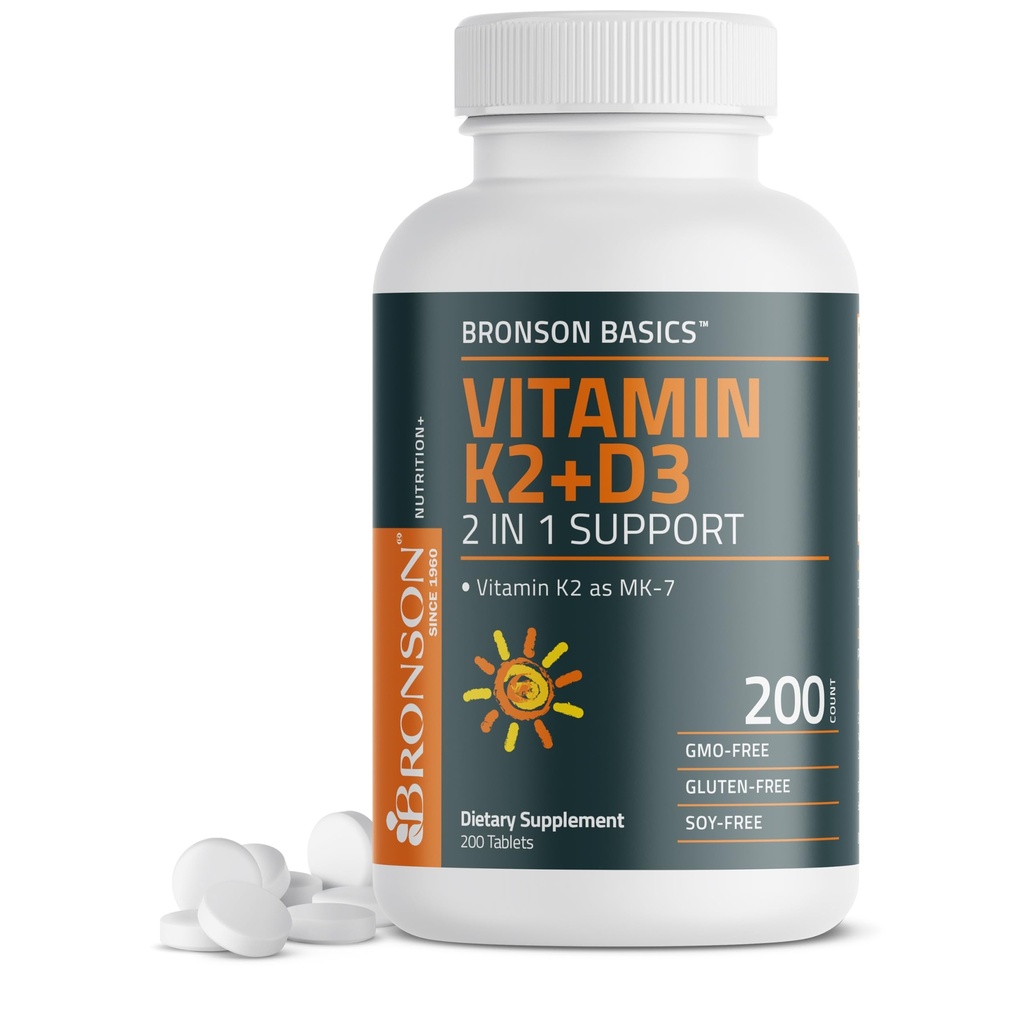 Bronson ויטמין K2 D3 (MK7) תוסף non-GMO פורמולה ויטמין D3 5000IU (125 mcg) ו 90 mcg K2 MK-7, Easy to Swallow D & K Complex, 200 טבליות