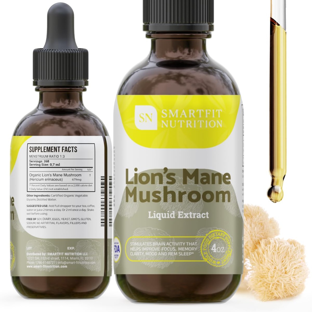 Lions Mane Extract - Lions Mane Tincture - מיוצר בארה"ב - תוספת Mushroom לזיכרון, פוקוס וקלרנס - Daily Mushroom תוסף - 4 Fl oz.