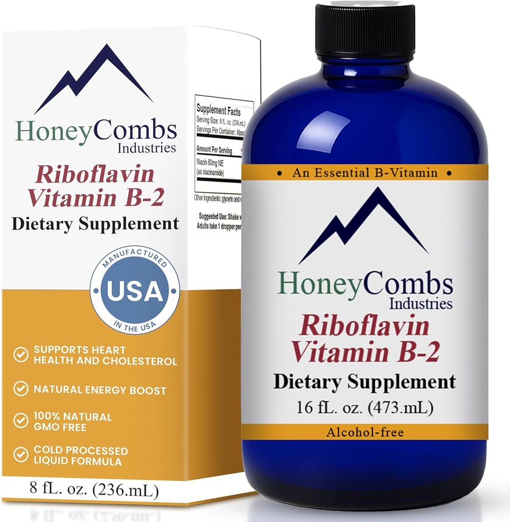 HoneyCombs ויטמין B2 Riboflavin תוספת נוזל טיפות - ויטמין B2 עבור גברים ונשים - לשמור על בריאות העיכול, מערכת העצבים, שיער, עור, ציפורניים - ויטמינים נוזלי טבעוני (16 Fl oz)