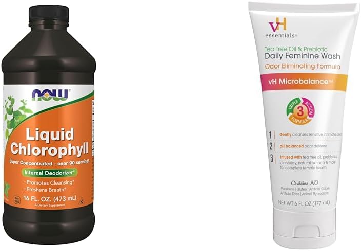 תוספי מזון נוזלי Chlorophyll, Super Concentrated, Internal Deodorizer *,Boost Energy & vH Essentials, Ph Balanced Daily Feminine Wash, Tea Tree Oil & Prebiotic, 6, Fl Oz, (Pack of 1)