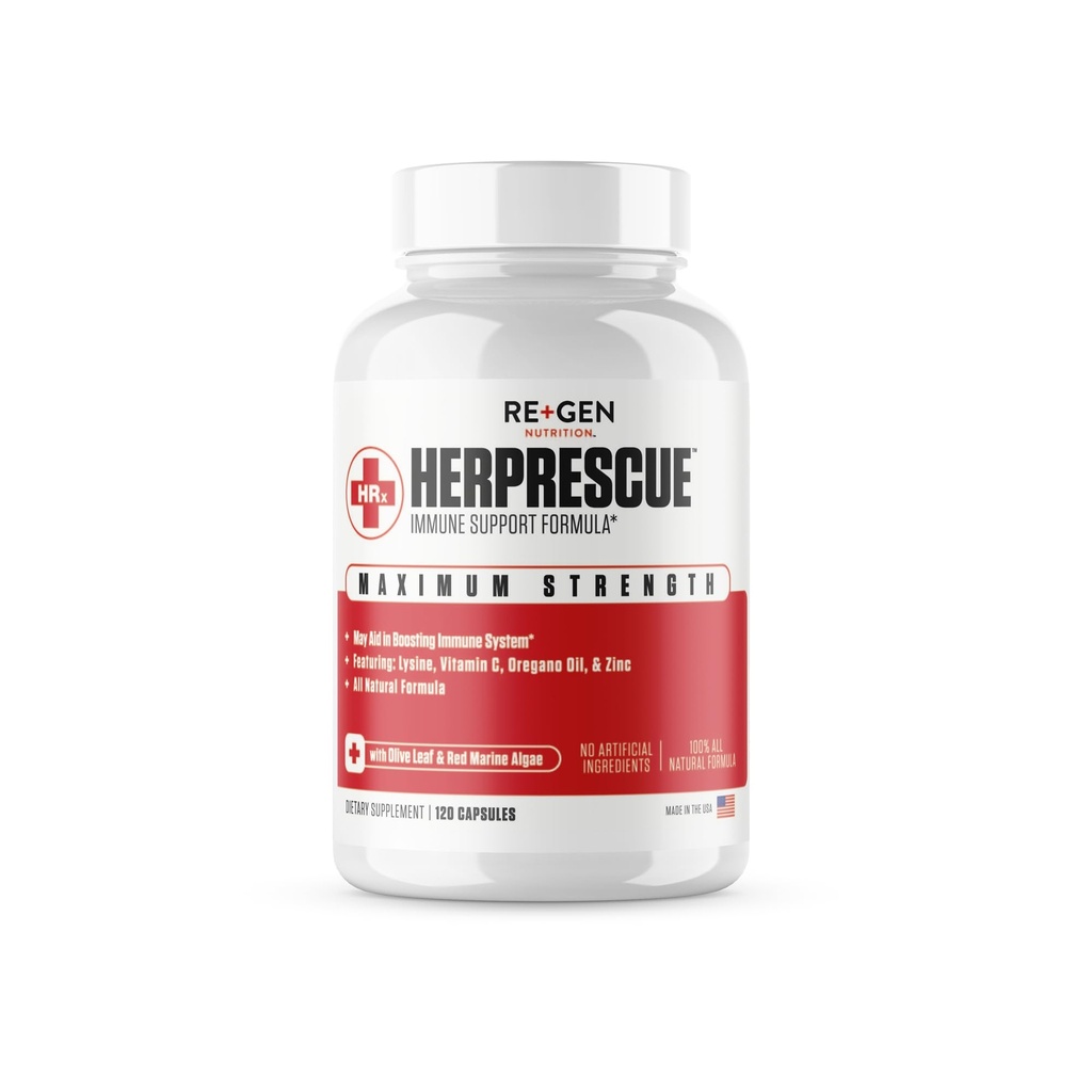 Re+Gen Nutrition HerPRESCUE Outbreak תמיכה תוסף, Cold Sore Care למבוגרים, קפסולות טבעיות w/Zinc, ויטמין C, & L lysine Amino Acid for Immune Health, 120 קפסולות