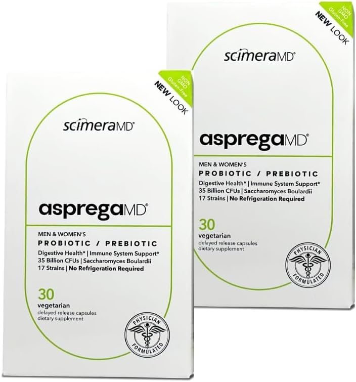 Asprega 30CT - פרוביוטיקה + Prebiotic תוסף | 17 סטרינס, 35 מיליארד CFUs | נדחה | Saccharomyces Boulardii | For Men & Women | מאת ScimeraMD, 2Pack
