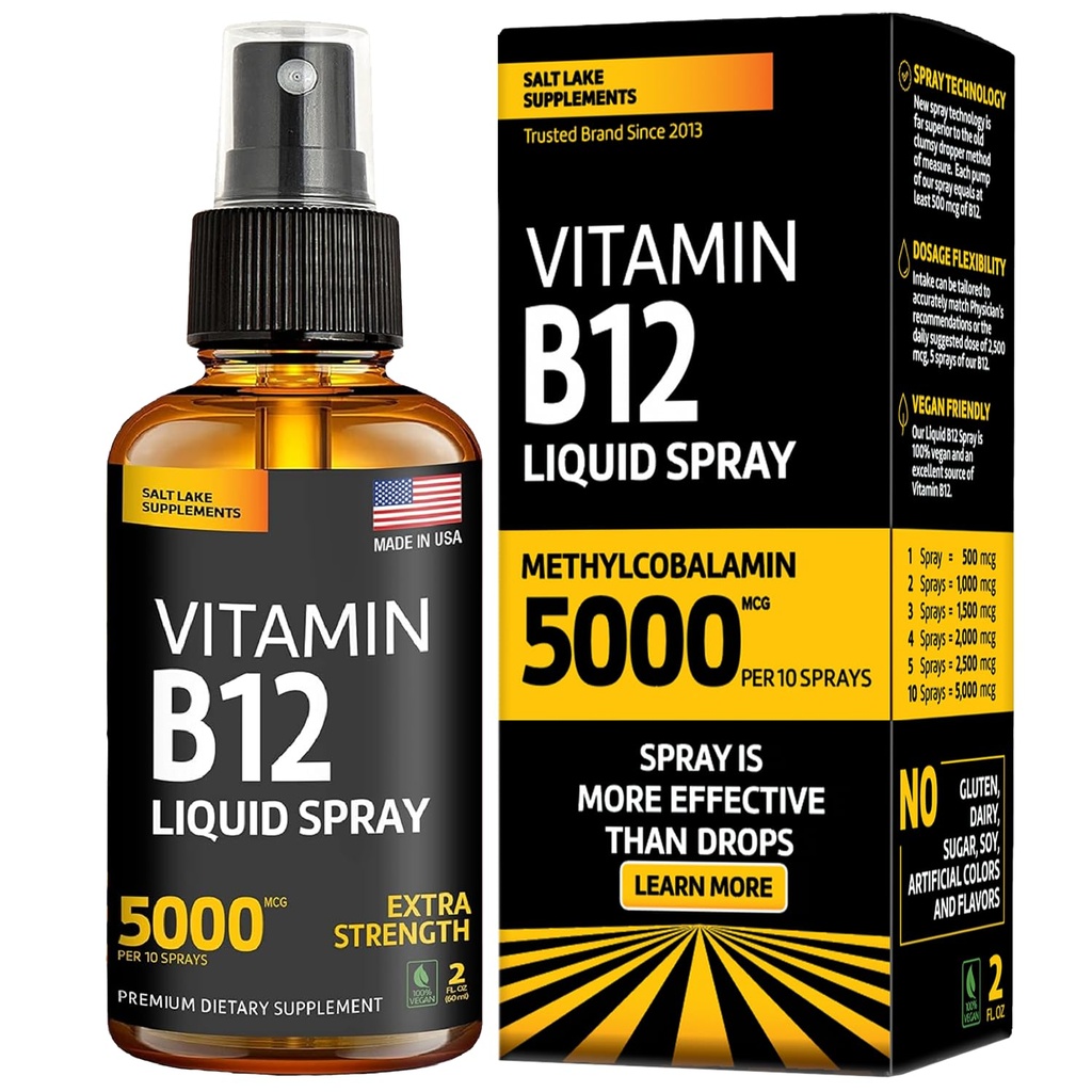 ויטמין B12 Sublingual Spray 5000 mcg - טבעוני Methylcobalamin נוזל B12 Boost אנרגיה, Mood & Brain Health - Gluten-Free, non-GMO B12 Spray for Men & Women - Easy Dosage (5000 mcg in 10 Sprays)