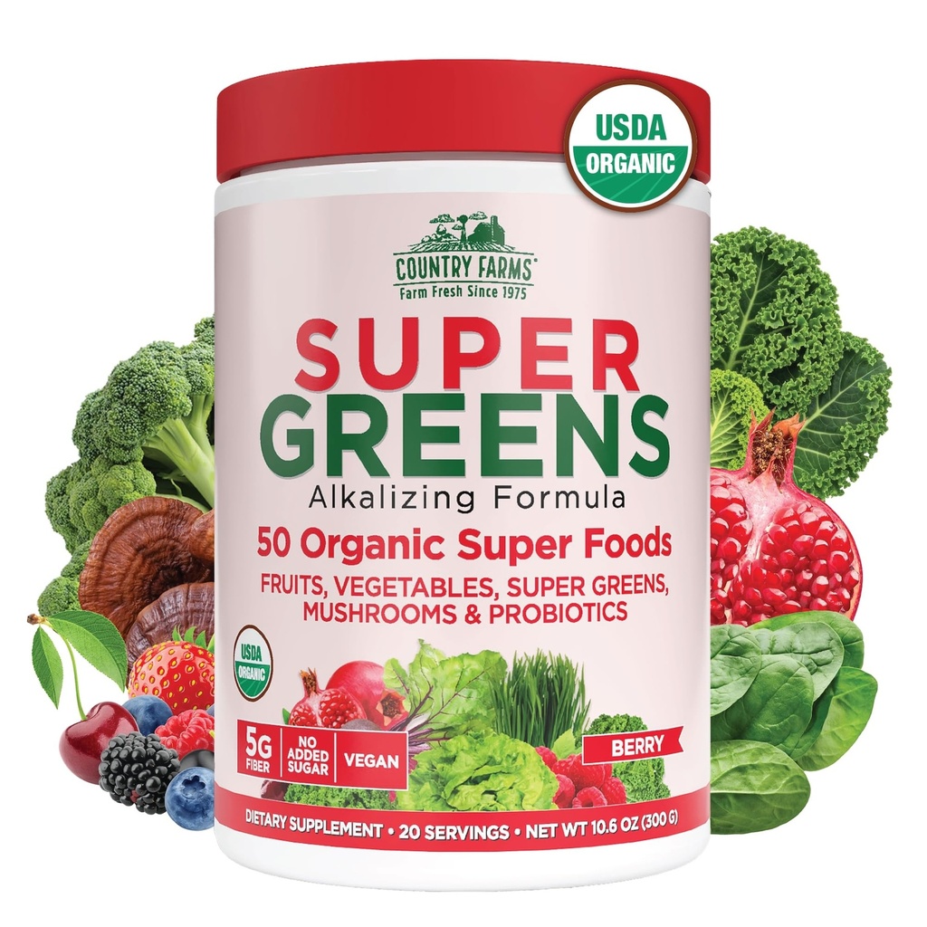 חוות כפריות Super Greens Bre Flavor, 50 מזונות סופר אורגני, ארוז עם סיבים, USDA משקאות אורגני Mix, פירות, ירקות, Mushrooms & Probiotics, תומך אנרגיה, 5g סיבים
