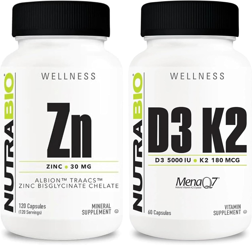 NutraBio Zinc Chelate ווויטמין D3 K2 מינרלים תוספת Bundle - עשוי לעזור עם צמיחה נכונה, פיתוח, מערכת החיסון, ועצם ובריאות הלב