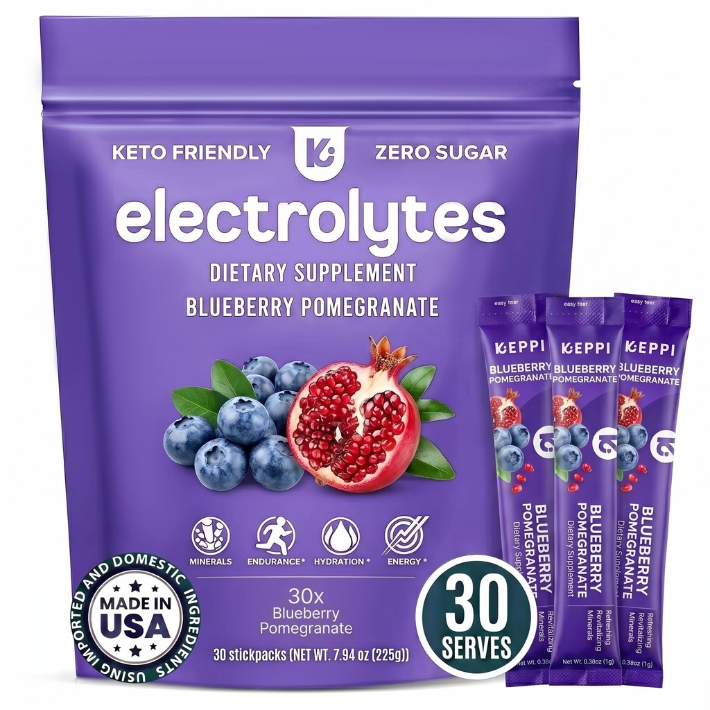 Keppi Electrolytes אבקת Packets - Blueberry Pomegranate 30 משרתים - No Sugar hydrotion תוסף עם Potassium, Magnesium, Sodium - Keto, טבעוני, מהיר, Zero Calorie hydrotion Packets