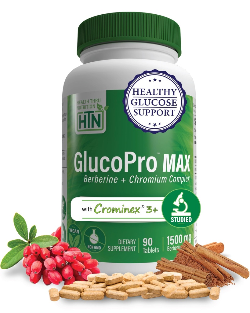בריאות Thru Nutrition GlucoPro מקס - עם 1,500 מ"ג Berberine, Chrominex + Chromium, ו 1000 מ"ג Cinnamon | טבעוני, Non-GMO, Gluten Free | חבילת 9090