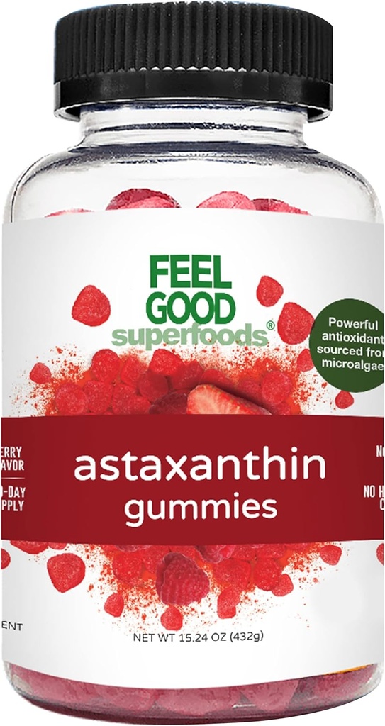 מרגיש טוב Superfoods Astaxanthin תוספי מזון, 6mg Antioxidant Gummies עבור העור ובריאות העין, ברי פלפור, טבעוני, Non-GMO, 60 Count