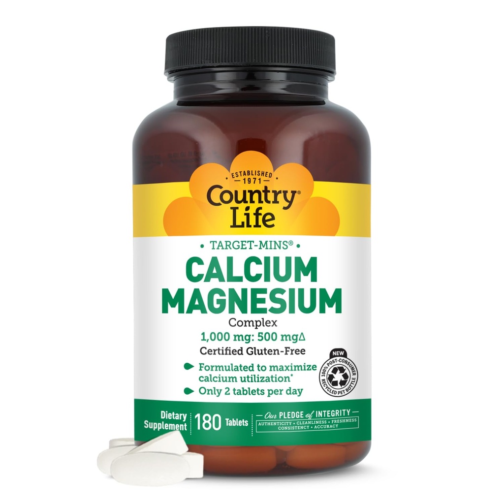 Country Life Target-Mins Calcium Magnesium Complex 1000 מ"ג / 500 מ"ג, 180 טבליות, מוסמך Gluten חינם, מוסמך טבעוני, מוסמך non-GMO מאומת