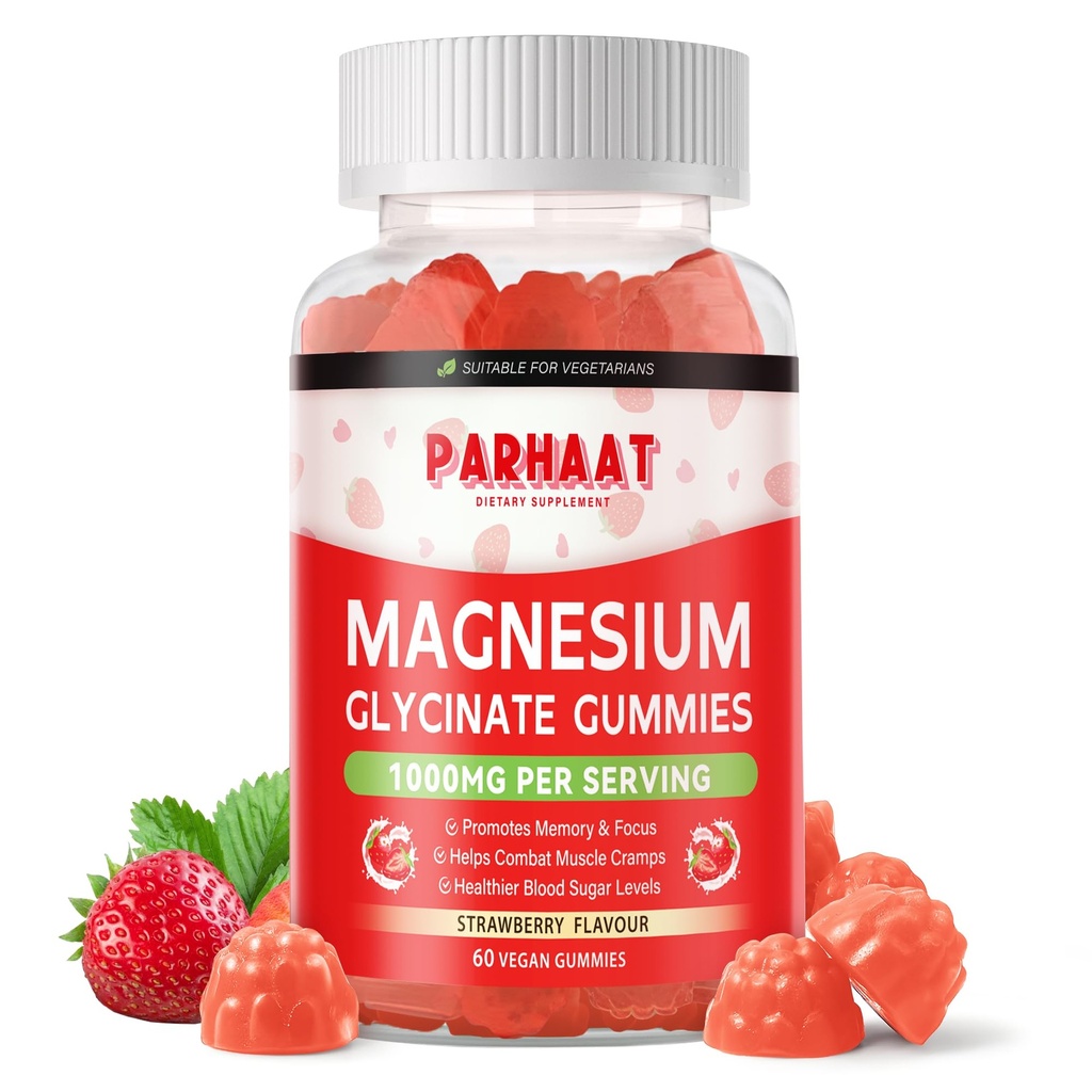 Magnesium Glycinate Gummies - סוכר חינם Magnesium Potassium תוספת עם ויטמין D, B6, CoQ10 עבור Calm Mood & Sleep Support - 60 Strawberry Chews