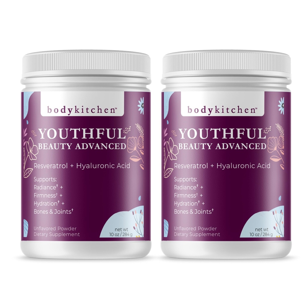Body Kitchen Youthful Beauty Advanced, Collagen Peptides אבקת עבור ציפורניים שיער יפות, Resveratrol ו Hyaluronic Acid for Anti-Aging & Antioxidant Support, Grass פד (Pack of 2)