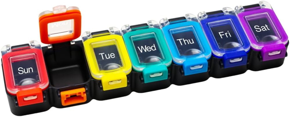 EZY DOSE Weekly (7-Day) Daily Pill Planner, Medicine Case, ויטמין Container, Waterהוכחה Locking Compartations to Secure Prescription Medicine and Prevent Accidental Spilling, Rainbow