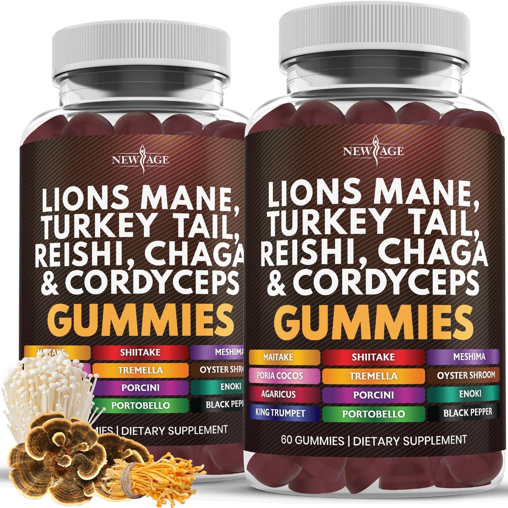 New AGE Mushroom Lion's Mane Gummies - כולל תוסף Mushroom לתמיכה קוגניטיבית Immune, עם Reishi, Cordyceps - 120 Count
