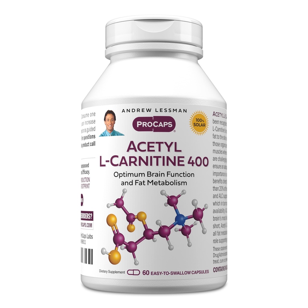 ANDREW LESSMAN Acetyl L-Carnitine 400 מ"ג - 60 קפסולות - תמיכה במערכת העצבים, שומן ואנרגיה מטאבוליזם, תפקוד המוח הבריא, זרימת דם בריאה למוח. קל-to-Swallow קפסולות.