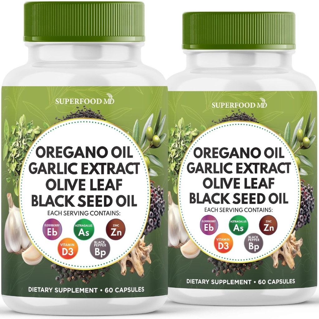 שמן Oregano, Garlic Extract, אוליב, Black Seed Oil, Astragalus-Immune Support & Digestive Health Supplement for Women and Men- 120 Count