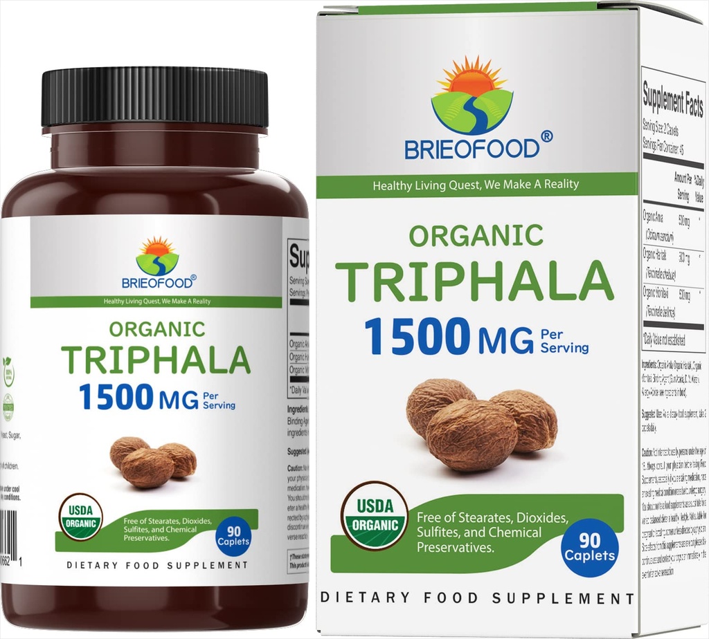Brieofood אורגני Triphala 1500 מ"ג, 45 משרתים, Vegetarian Gluten Free, 90 טבליות Vegetarian
