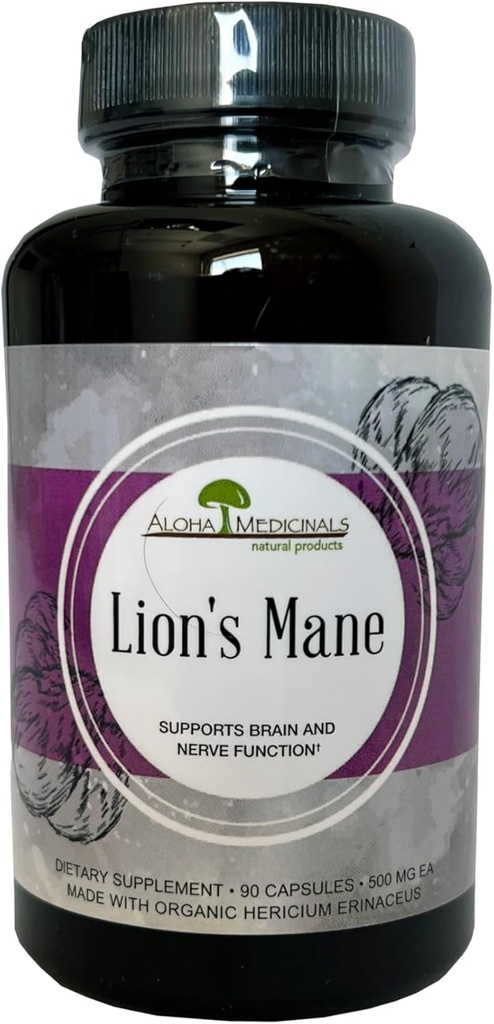 AlohaMedinals Lion's Mane, מוסמך אורגני Mushroom תוספי זיכרון ו ריכוז, Pack של 1, 90 קפסולות כל אחת