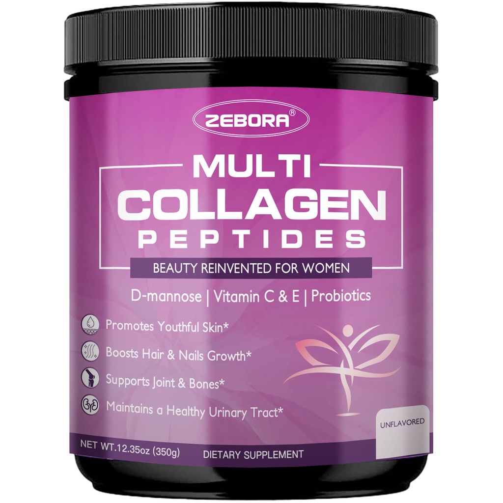 ZEBORA Multi Collagen Peptides אבקת עבור נשים - hydrolyzed Collagen Peptides עם D-Mannose & Women's Probiotics - תומך עור, שיער, ציפורניים, בריאות וטרינרית, Unflavored, 35 משרתים