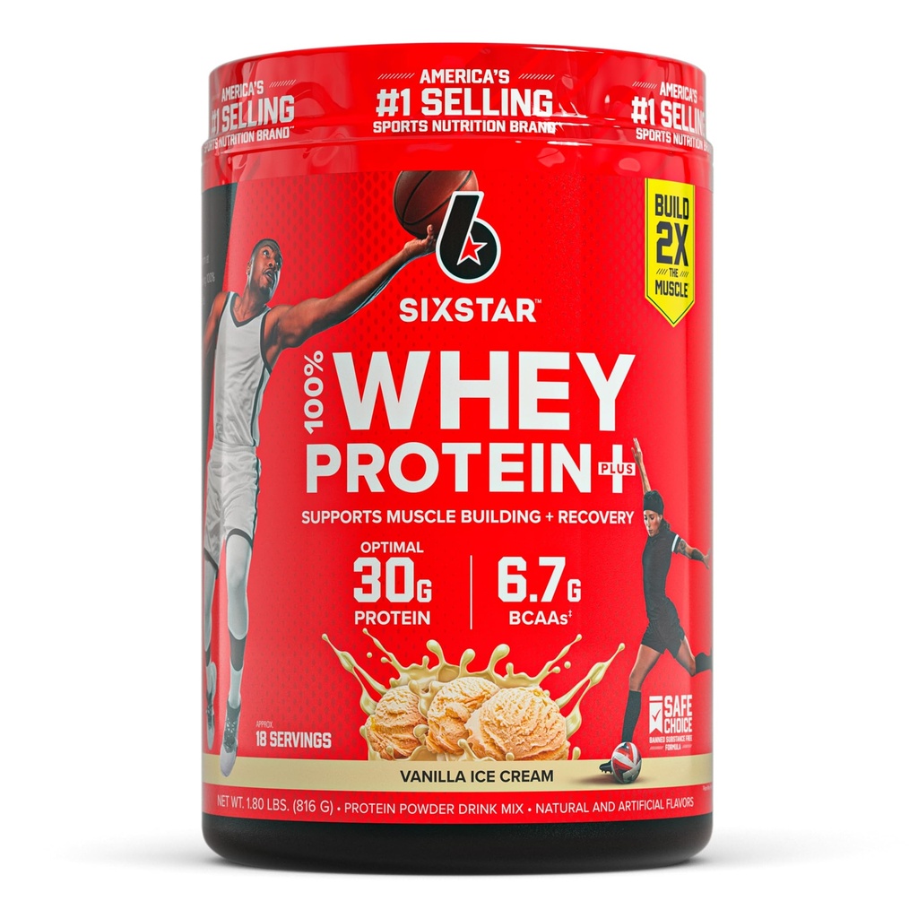 שישה כוכבים אבקת חלבון Whey פלוס - בניית שרירים ושיקום פורמולה עם אבקת Whey Isolate, BCAAs, 30g חלבון, Immune תמיכה - תוספת דואר עבודה - Vanilla Cream, 1.8 lbs