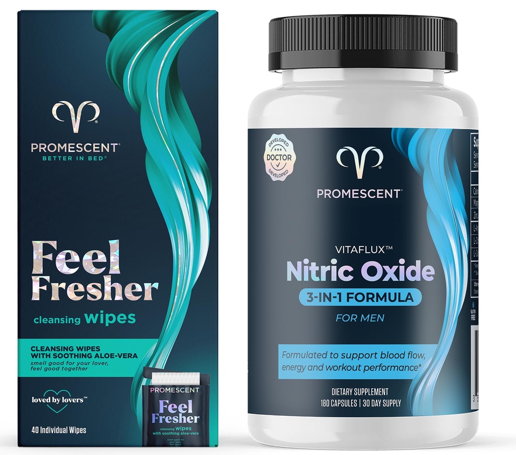 Promescent Flushable Wipes for Adults + VitaFLUX Triple Power Nitric Oxide תוספת עבור ביצועים זכר, Stamina, אנרגיה, התאוששות - L Arginine 2000 מ"ג, L Carnitine 1000 מ"ג, Zinc, Magnesium - Amino Aino Aino Amina, אנרגיה, התאוששות - L Arginine 2000mg, L Carnitine 1000mg, Magnesium