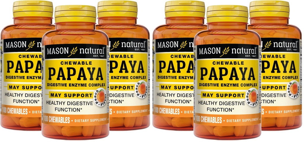 MASON NATURAL Papaya Digestive Enzyme Complex - פונקציות עיכול בריאות, מקדם Absorption, Peach Flavor, 100 Chewables (Pack of 6)
