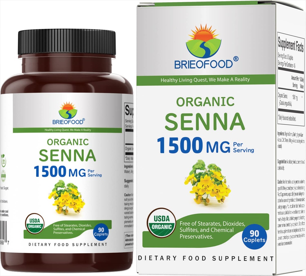Brieofood אורגני Senna 1500 מ"ג, 45 משרתים, Vegetarian, Gluten Free, 90 טבליות צמחוניות